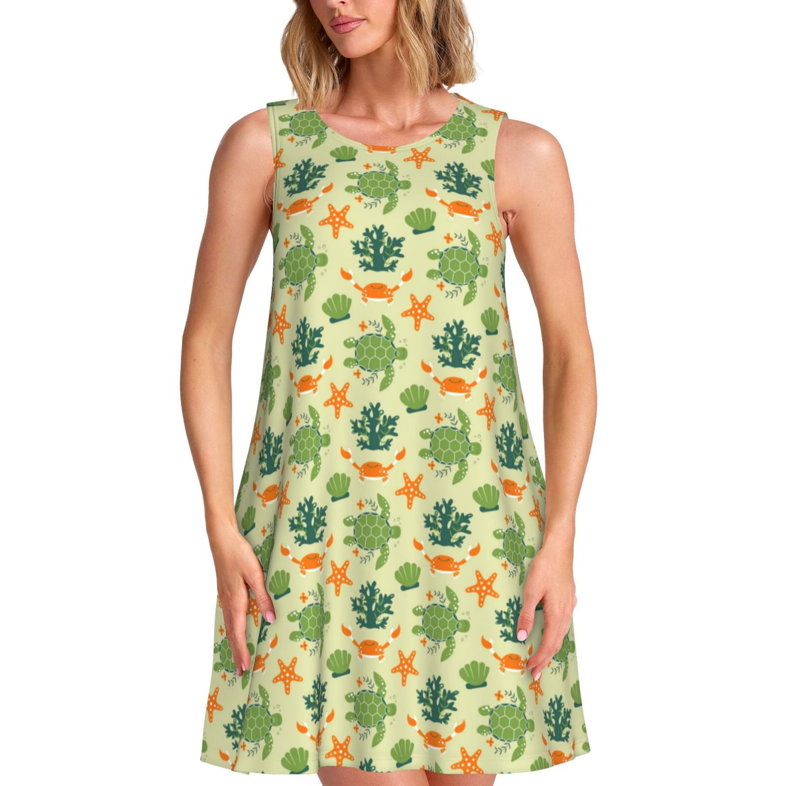 Bixox Sea Turtle Print Women's Sleeveless A-Line Dress with Pockets ...