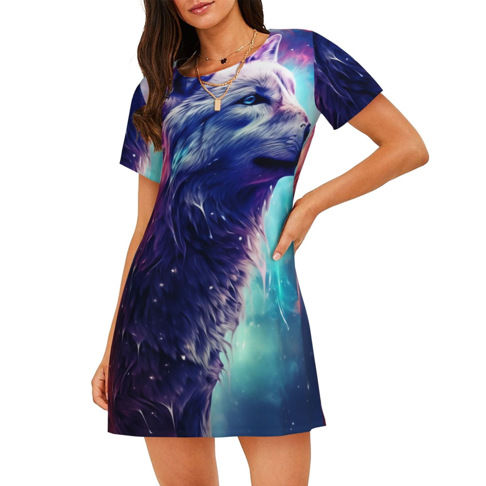 Women's Geometric Wolf Print Nightshirt - Long Sleeve Loungewear & Sleep Dress - View #13