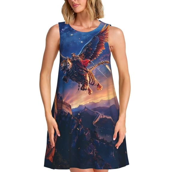 Bixox Starry Sky Flying Tiger Print Women's Sleeveless A-Line Dress with Pockets, Casual Knee-Length Tank Dress for Summer-X-Large