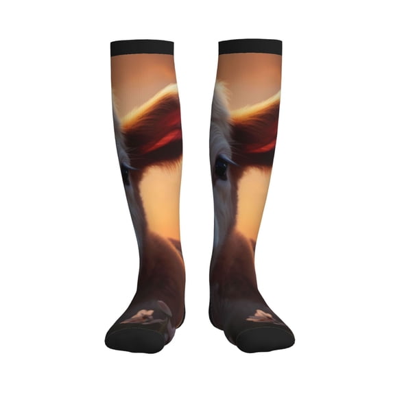 Bixox Sunset Calf Flower Field Print Compression Socks,Compression Socks Women & Men Circulation for Medical,Running,Athletic