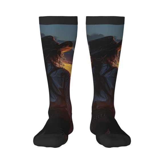Bixox Sunset Western Cowgirl Patterned Men's and Women's Knee Socks High Socks Outdoor Sports Socks
