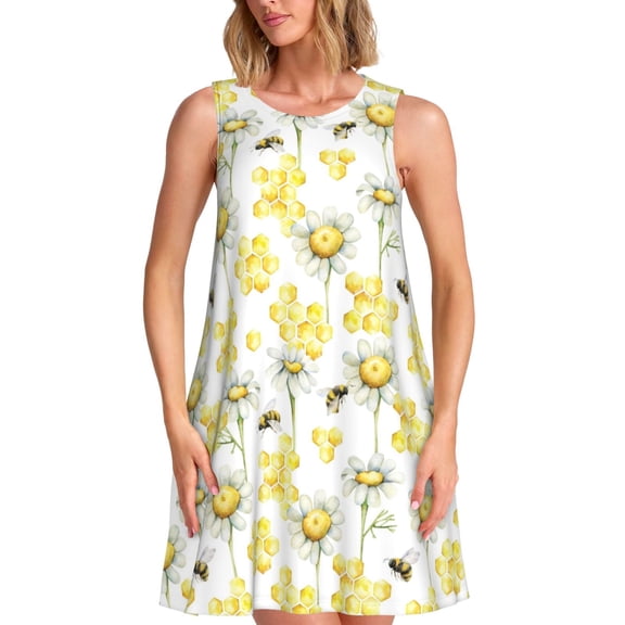 Bixox Sweet Honey Print Women's Sleeveless A-Line Dress with Pockets, Casual Knee-Length Tank Dress for Summer-Small