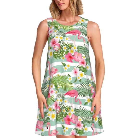 Bixox Tropical Flamingo Print Women's Sleeveless A-Line Dress with Pockets, Casual Knee-Length Tank Dress for Summer-Small