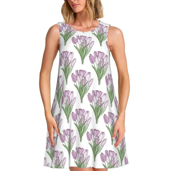 Bixox Tulips Flowers Print Women's Sleeveless A-Line Dress with Pockets, Casual Knee-Length Tank Dress for Summer-Small
