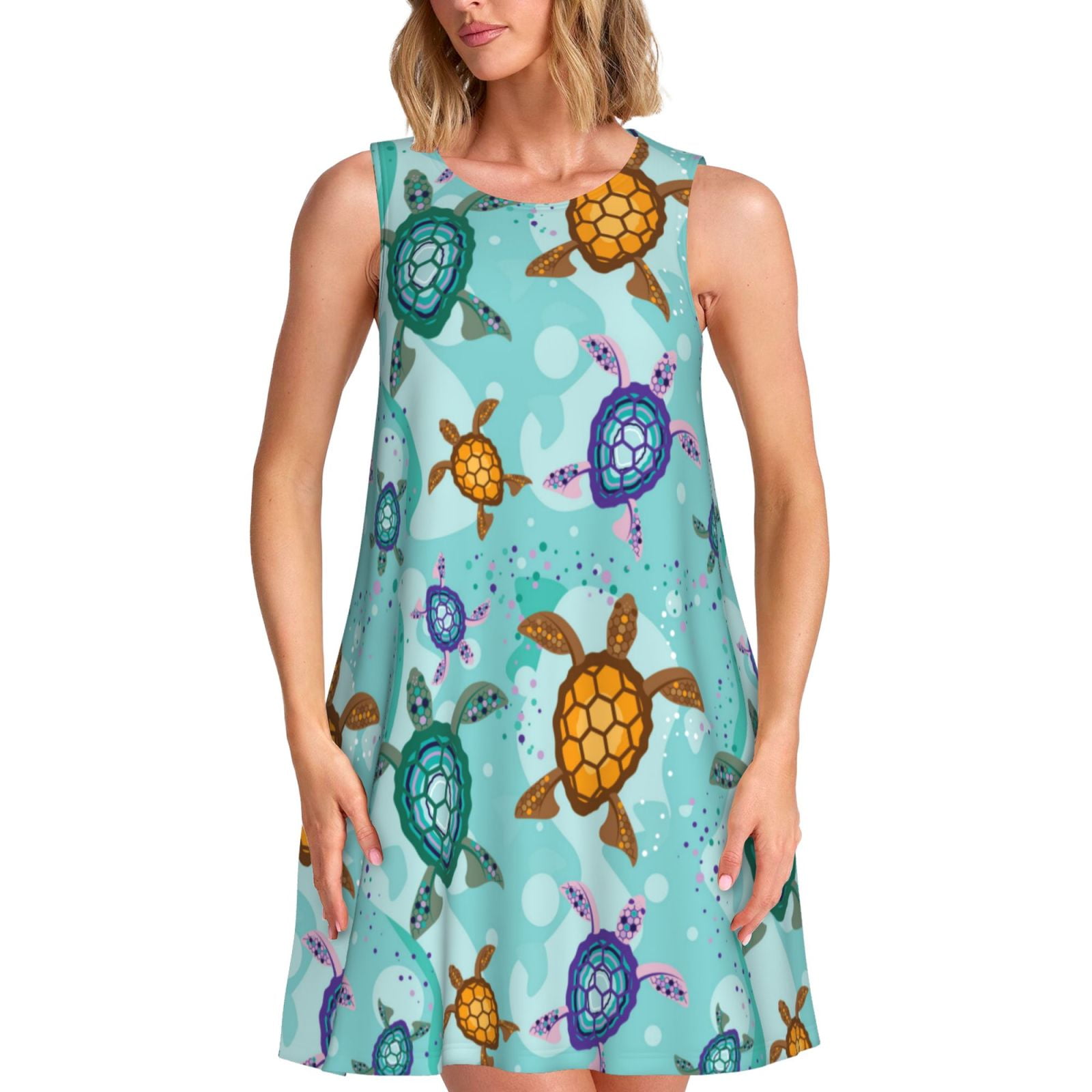 Bixox Turtles And Sea Print Women's Sleeveless A-Line Dress with ...