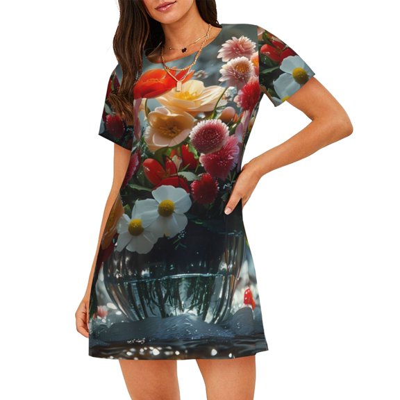 Bixox Vibrant Bouquet Waterfall Pattern Women's Nightgown, Soft & Breathable Sleepwear, Round Neck Knee-Length Pajama Dress,Loungewear for Home & Sleep