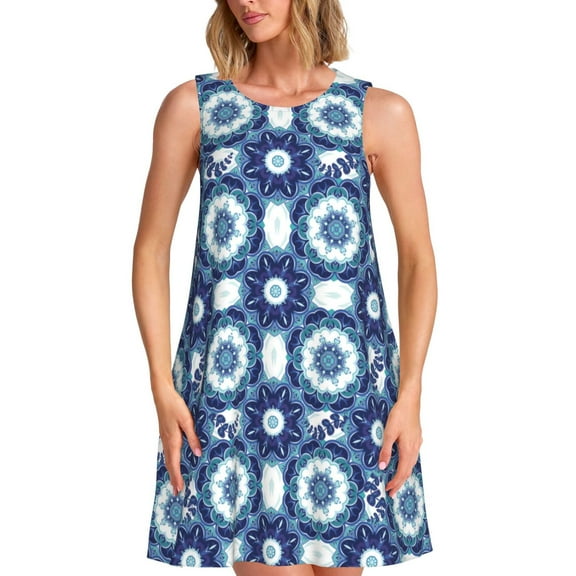 Bixox Vintage Blue Print Women's Sleeveless A-Line Dress with Pockets, Casual Knee-Length Tank Dress for Summer-Small