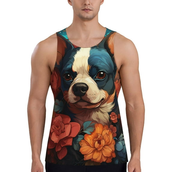 Bixox Vintage Colorful Flower French Bulldog Pattern Men's Gym Tank Tops Workout Sleeveless T-Shirts Athletic Muscle Tank Training Bodybuilding Shirts,S-4XL