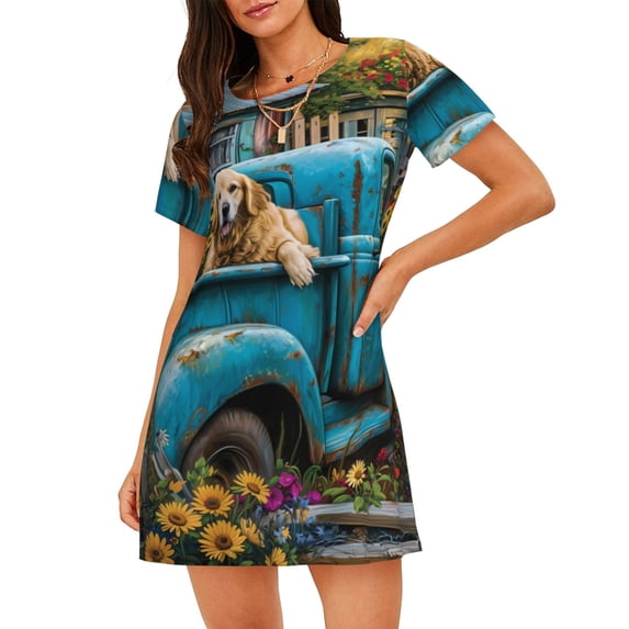 Bixox Vintage Pickup Sunflower Dog Pattern Women's Nightgown, Soft & Breathable Sleepwear, Round Neck Knee-Length Pajama Dress,Loungewear for Home & Sleep