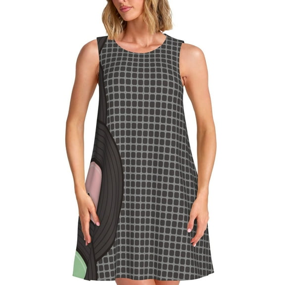 Bixox Vinyl Records Print Women's Sleeveless A-Line Dress with Pockets, Casual Knee-Length Tank Dress for Summer-Small
