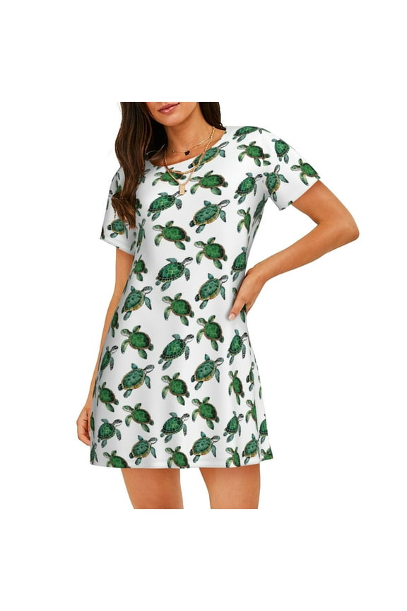 Watercolor Turtle Pattern Women's Nightgown, Soft & Breathable Sleepwear, Round Neck Knee-Length Pajama Dress,Loungewear for Home & Sleep