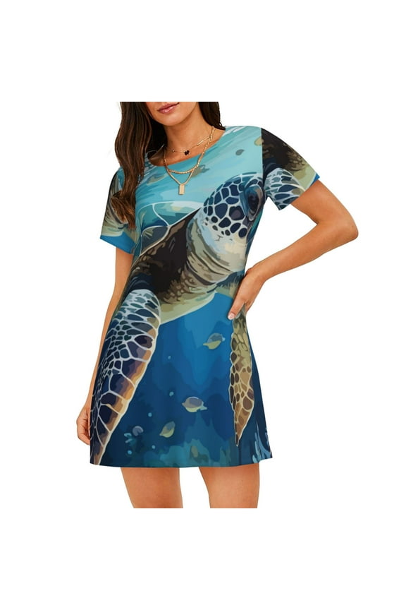 Watercolor Turtle Pattern Women's Nightgown, Soft & Breathable Sleepwear, Round Neck Knee-Length Pajama Dress,Loungewear for Home & Sleep