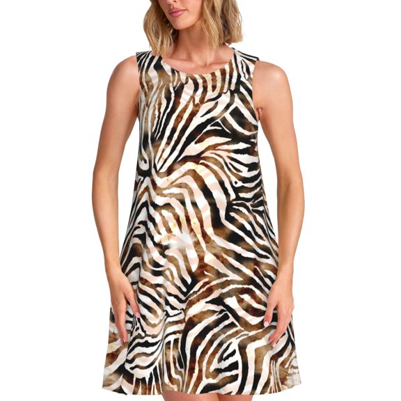 Bixox Watercolor Zebra Print Women's Sleeveless A-Line Dress with Pockets, Casual Knee-Length Tank Dress for Summer-Medium