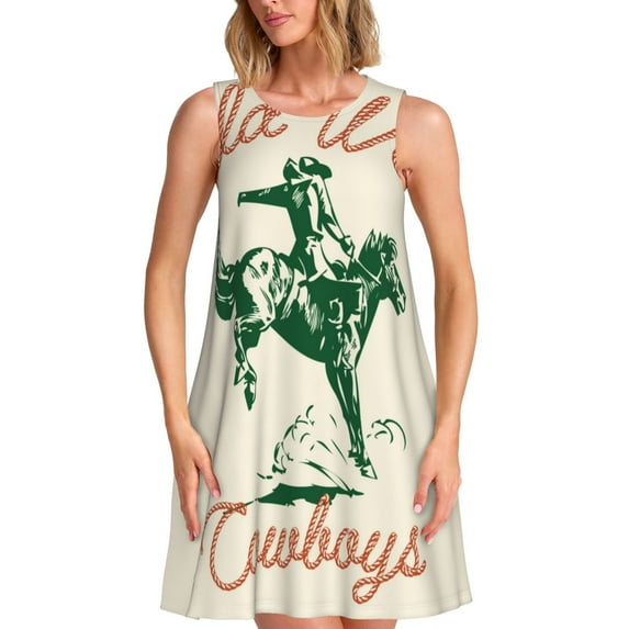 Bixox West Cowboys Print Women's Sleeveless A-Line Dress with Pockets, Casual Knee-Length Tank Dress for Summer-Small