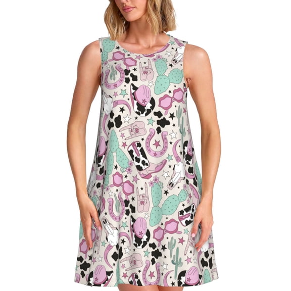 Bixox West Cowgirl Disco Print Women's Sleeveless A-Line Dress with Pockets, Casual Knee-Length Tank Dress for Summer-Small