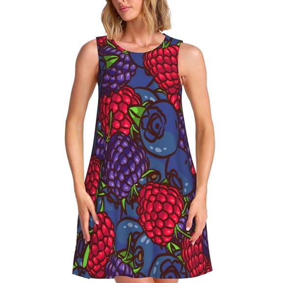 Bixox Wild Berries Print Women's Sleeveless A-Line Dress with Pockets, Casual Knee-Length Tank Dress for Summer-3X-Large