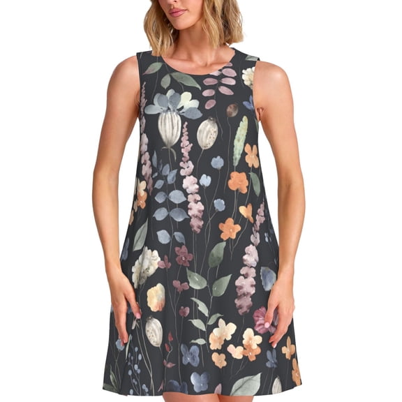 Bixox Wildflower Watercolor 1 Print Women's Sleeveless A-Line Dress with Pockets, Casual Knee-Length Tank Dress for Summer-Small