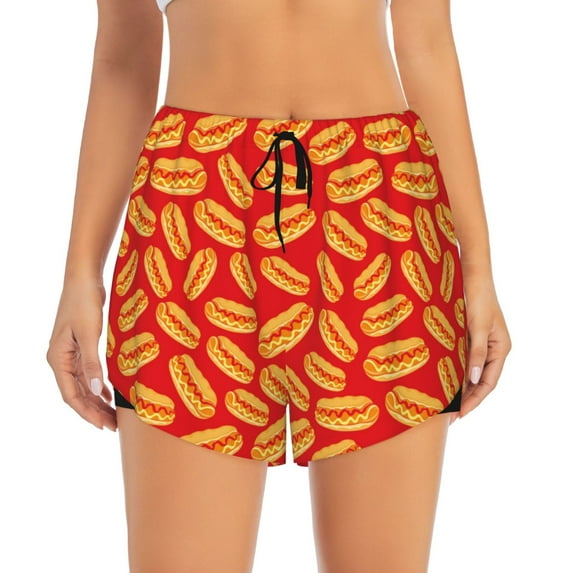 Bixox Women's A Big Hot Dog pattern 2 in 1 Running Shorts - Lightweight Athletic Workout Gym Yoga Shorts Liner with Pockets - Large