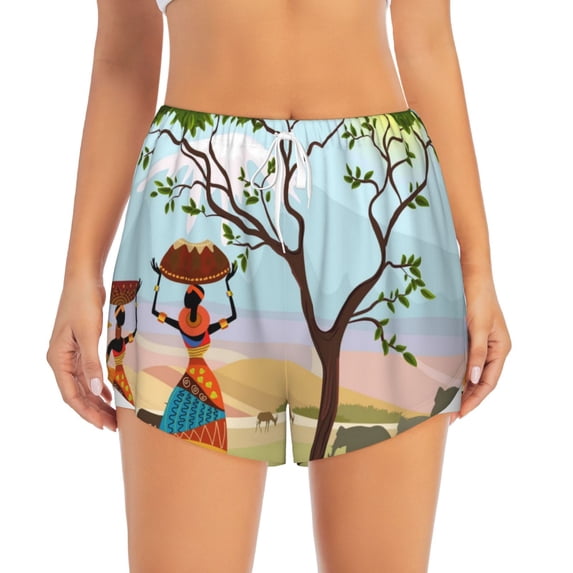 Bixox Women's African Women pattern 2 in 1 Running Shorts - Lightweight Athletic Workout Gym Yoga Shorts Liner with Pockets - Large