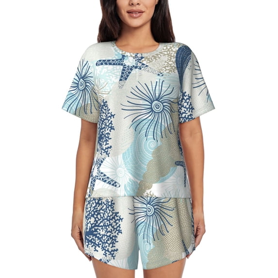 Bixox Women's Algae Corals and Seashells Printed Pajama Set 2 Piece Lounge Set Top and Shorts Soft Pajamas, Shorts with Pockets