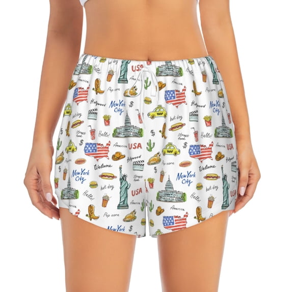 Bixox Women's America Landmarks pattern 2 in 1 Running Shorts - Lightweight Athletic Workout Gym Yoga Shorts Liner with Pockets - Large