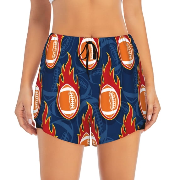 Bixox Women's American Football and Fire Flames pattern 2 in 1 Running Shorts - Lightweight Athletic Workout Gym Yoga Shorts Liner with Pockets - XX-Large
