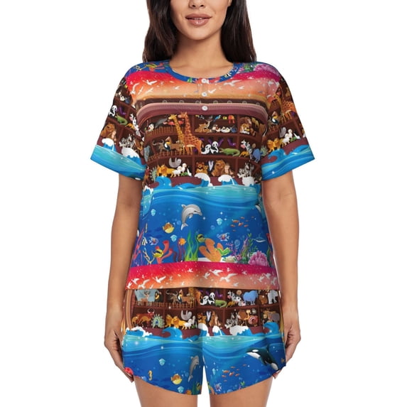 Bixox Women's Animals On Noah's Ark2 Printed Pajama Set 2 Piece Lounge Set Top and Shorts Soft Pajamas, Shorts with Pockets