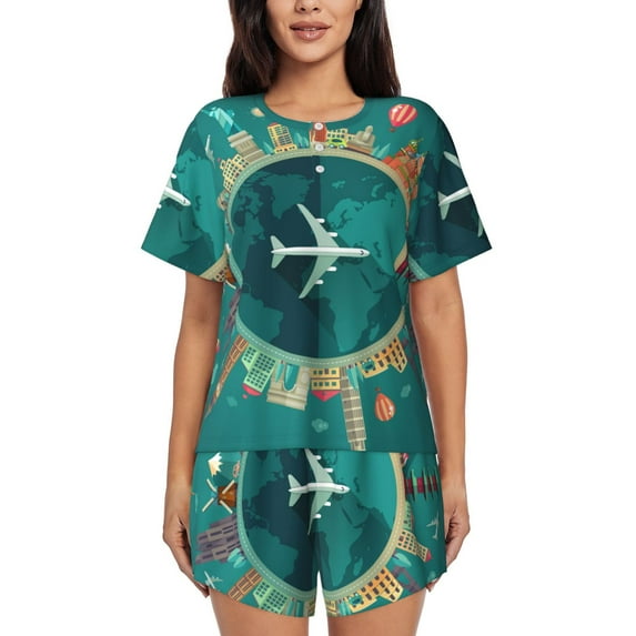 Bixox Women's Around The Planet Printed Pajama Set 2 Piece Lounge Set Top and Shorts Soft Pajamas, Shorts with Pockets