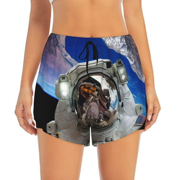 Bixox Women's Astronaut in Outer Space pattern 2 in 1 Running Shorts - Lightweight Athletic Workout Gym Yoga Shorts Liner with Pockets - Large