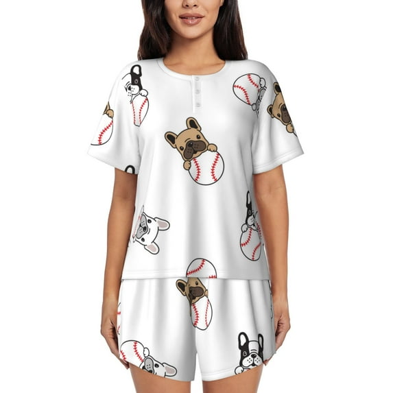 Bixox Women's Bbaseball Dog Printed Pajama Set 2 Piece Lounge Set Top and Shorts Soft Pajamas, Shorts with Pockets