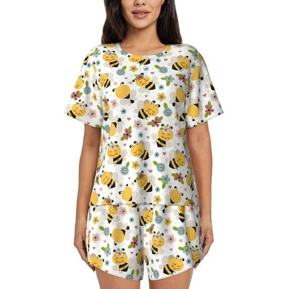 Bixox Women's Bee and Flowers Printed Pajama Set 2 Piece Lounge Set Top and Shorts Soft Pajamas, Shorts with Pockets