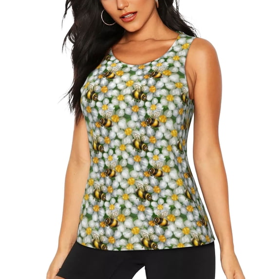 Bixox Women's Bees and Flower Printed Sleeveless Fitness Workout Running Quick-Dry Tank Top
