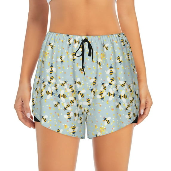 Bixox Women's Bees pattern 2 in 1 Running Shorts - Lightweight Athletic Workout Gym Yoga Shorts Liner with Pockets - XX-Large