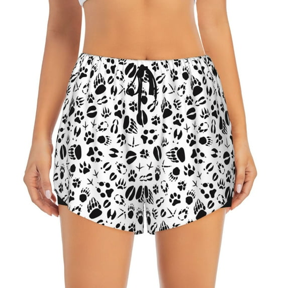 Bixox Women's Black Footprints pattern 2 in 1 Running Shorts - Lightweight Athletic Workout Gym Yoga Shorts Liner with Pockets - Small
