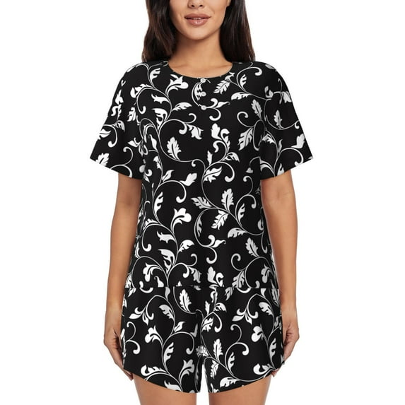 Bixox Women's Black White Leaves Printed Pajama Set 2 Piece Lounge Set Top and Shorts Soft Pajamas, Shorts with Pockets