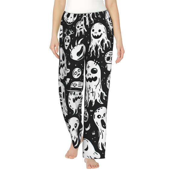 Bixox Women's Black White Spooky Ghosts Patterned Pajama Pants Loungewear