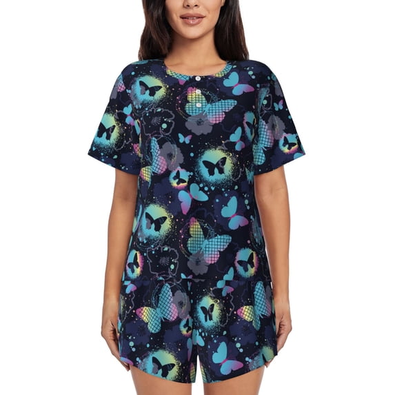 Bixox Women's Blue Butterfly Printed Pajama Set 2 Piece Lounge Set Top and Shorts Soft Pajamas, Shorts with Pockets