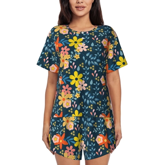 Bixox Women's Blue Floral Printed Pajama Set 2 Piece Lounge Set Top and Shorts Soft Pajamas, Shorts with Pockets
