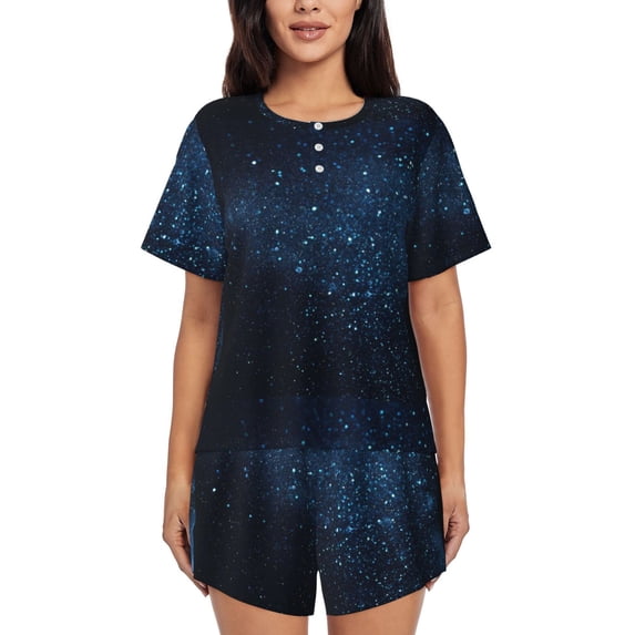 Bixox Women's Blue Glitter Retro Printed Pajama Set 2 Piece Lounge Set Top and Shorts Soft Pajamas, Shorts with Pockets
