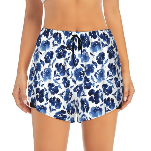 Bixox Women's Blue Ink Flowers pattern 2 in 1 Running Shorts - Lightweight Athletic Workout Gym Yoga Shorts Liner with Pockets - X-Large