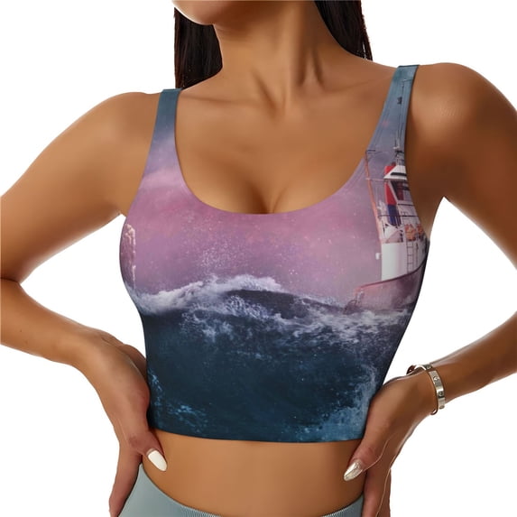 Bixox Women's Boat Lighthouse Storm Waves Pattern Fitness Navel Tank Top U-Back Yoga Tank Top Sweatshirt Sports Bra