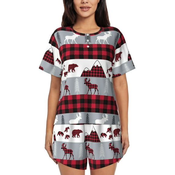 Bixox Women's Buffalo Plaid Forest Printed Pajama Set 2 Piece Lounge Set Top and Shorts Soft Pajamas, Shorts with Pockets