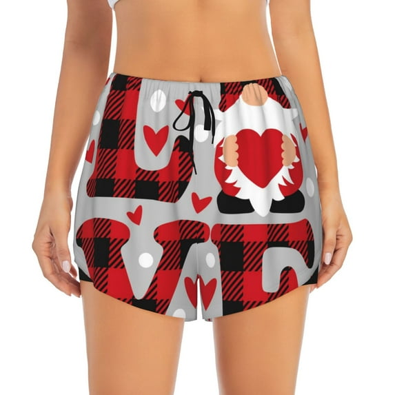 Bixox Women's Buffalo Plaid Love And Gnome pattern 2 in 1 Running Shorts - Lightweight Athletic Workout Gym Yoga Shorts Liner with Pockets - Small