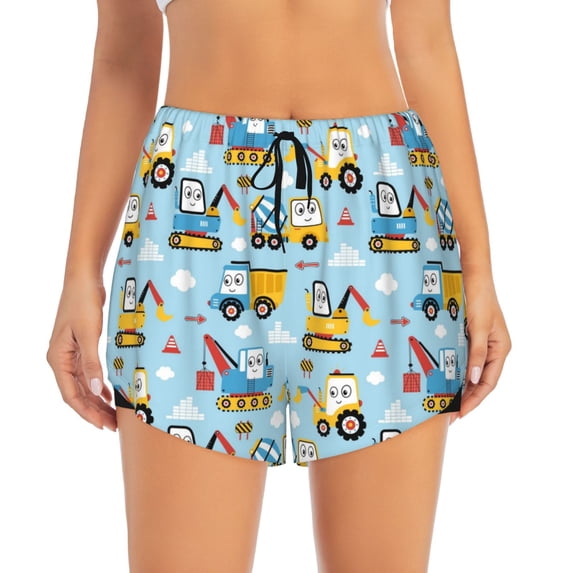 Bixox Women's Building Truck pattern 2 in 1 Running Shorts - Lightweight Athletic Workout Gym Yoga Shorts Liner with Pockets - X-Large