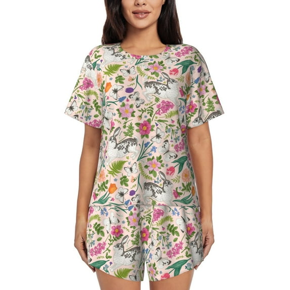 Bixox Women's Bunny Floral Printed Pajama Set 2 Piece Lounge Set Top and Shorts Soft Pajamas, Shorts with Pockets