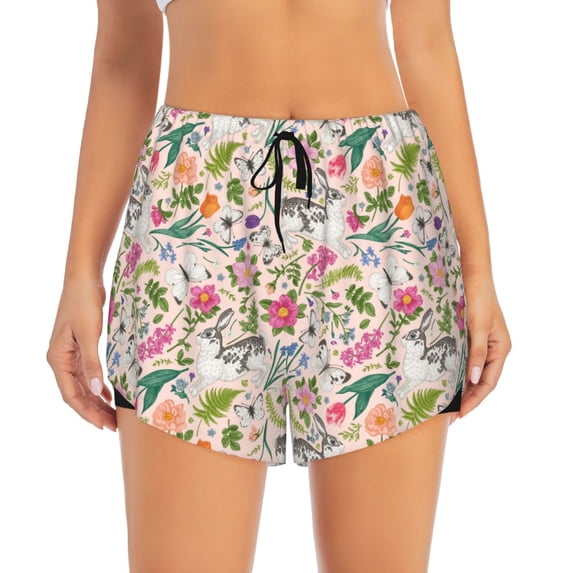 Bixox Women's Bunny Floral pattern 2 in 1 Running Shorts - Lightweight Athletic Workout Gym Yoga Shorts Liner with Pockets - Small