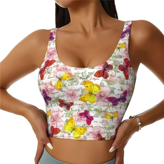 Bixox Women's Butterflies and Vintage Pattern Fitness Navel Tank Top U-Back Yoga Tank Top Sweatshirt Sports Bra