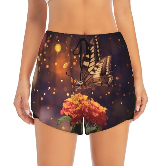 Bixox Women's Butterfly Sitting on a Flower pattern 2 in 1 Running Shorts - Lightweight Athletic Workout Gym Yoga Shorts Liner with Pockets - Small