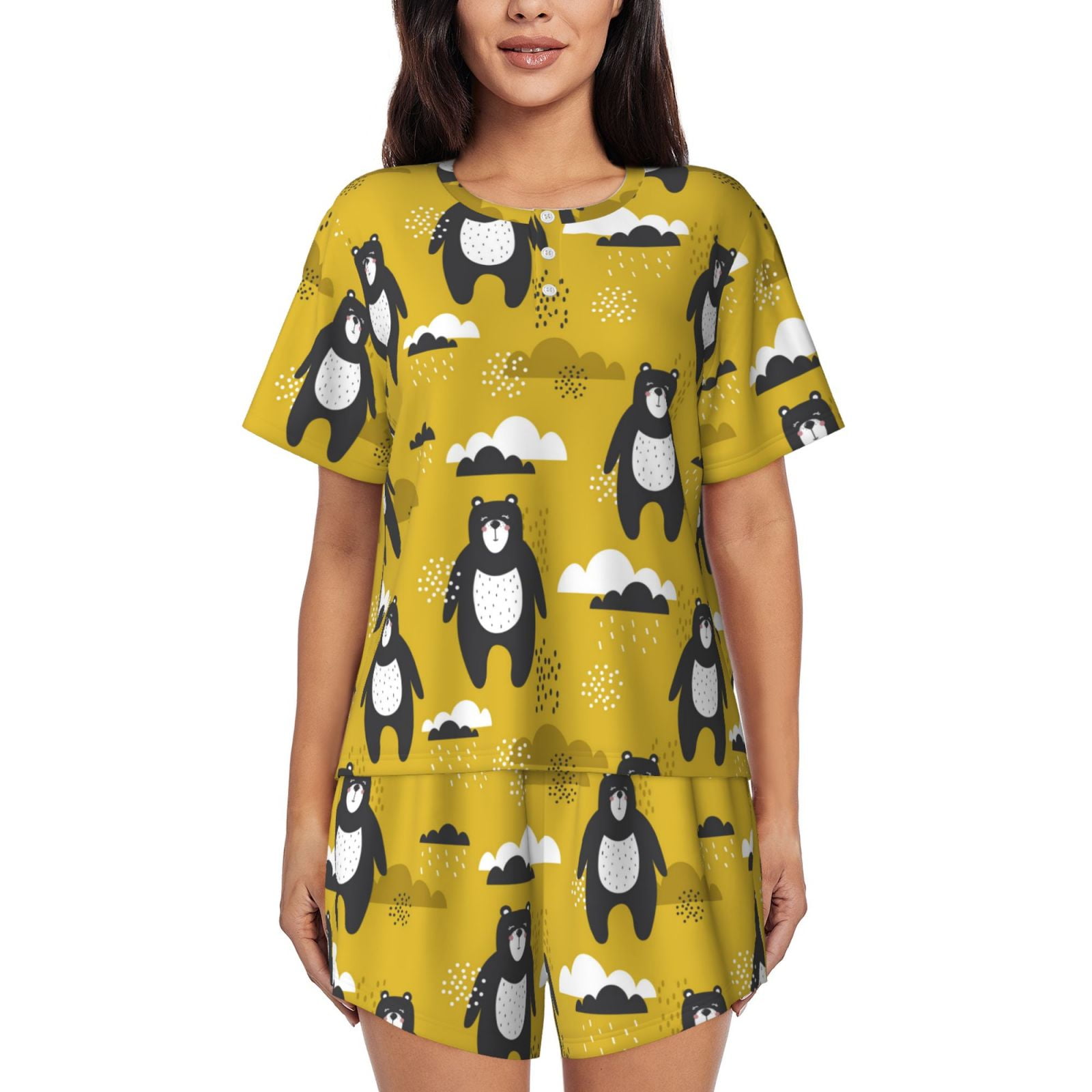 Bixox Women's Cartoon Bear Yellow Printed Pajama Set 2 Piece Lounge Set