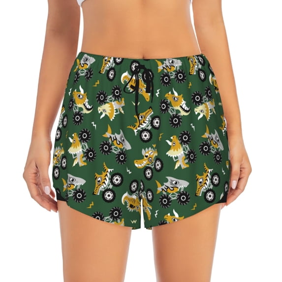 Bixox Women's Cartoon Car pattern 2 in 1 Running Shorts - Lightweight Athletic Workout Gym Yoga Shorts Liner with Pockets - Large